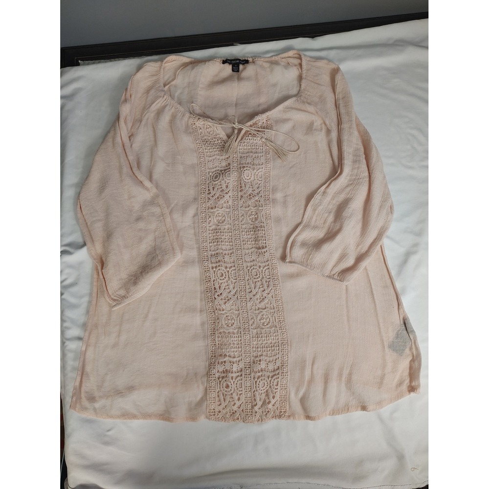 Zac & Rachel‎ Woman Peach Lace Crochet Peasant Blouse Tassel Tie 1X Boho Top